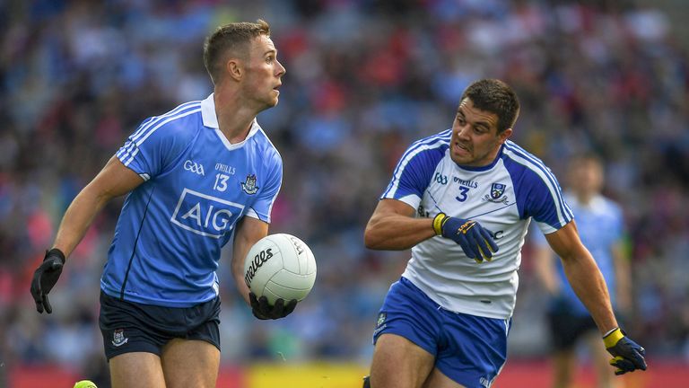 Paul Mannion of Dublin in action against Drew Wylie of Monaghan 