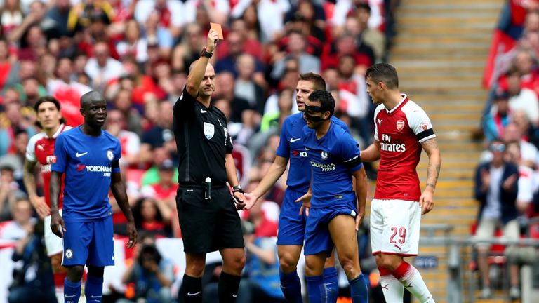 LONDON, ENGLAND - AUGUST 06: Pedro of Chelsea is shown a red card by Referee Bobby Madley during the The FA Community Shield final between Chelsea and Arse