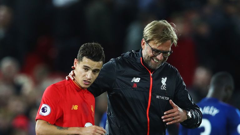 LIVERPOOL, ENGLAND - OCTOBER 17:  Jurgen Klopp, Manager of Liverpool talks with Philippe Coutinho of Liverpool after the Premier League match between Liver