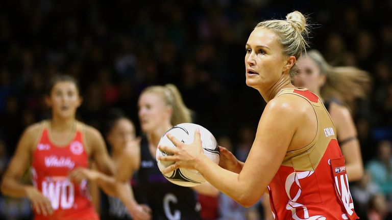 Chelsea Pitman of England during the 2017 Netball Quad Series match between the New Zealand Silver Ferns and the England