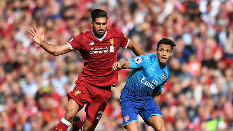 Alexis Sanchez takes on Emre Can during the Premier League match between at Anfield