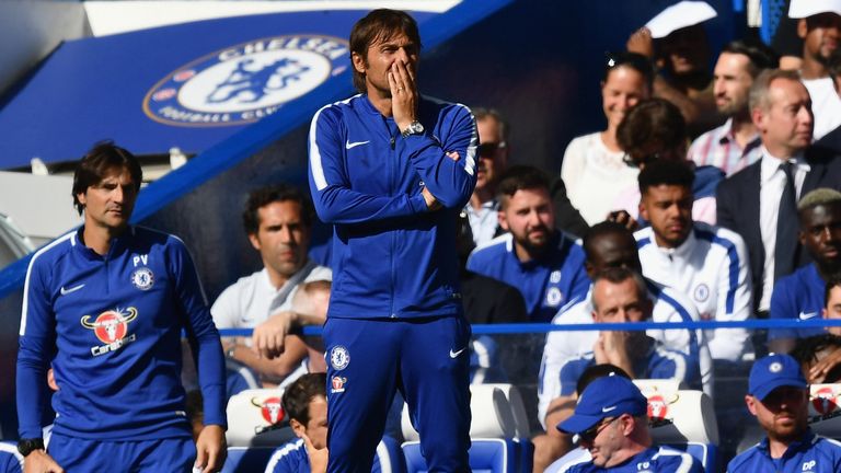 Antonio Conte looks on during the Premier League match against Burnley at Stamford Bridge