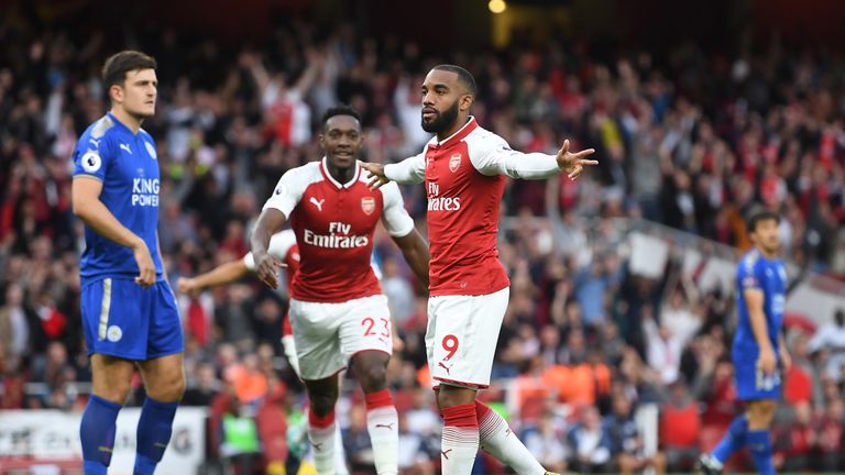 Alexandre Lacazette celebrates after scoring Arsenal's first goal of the 2017/18 season