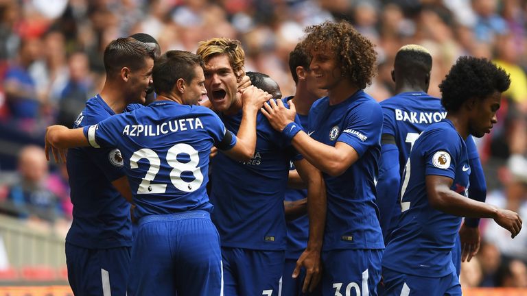 Marcos Alonso celebrates his first goal with Chelsea team-mates
