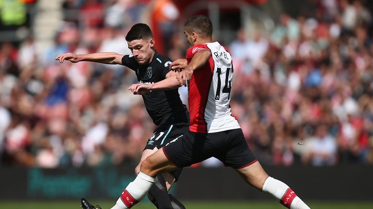 Declan Rice and Oriol Romeu in action during the Premier League match at St Mary's