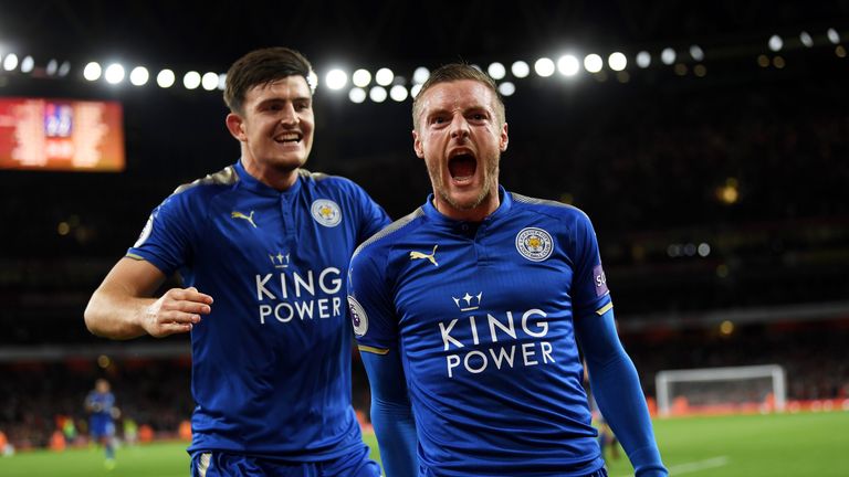 Jamie Vardy celebrates after putting Leicester City back in front at the Emirates Stadium