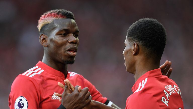 Marcus Rashford celebrates his goal with Paul Pogba