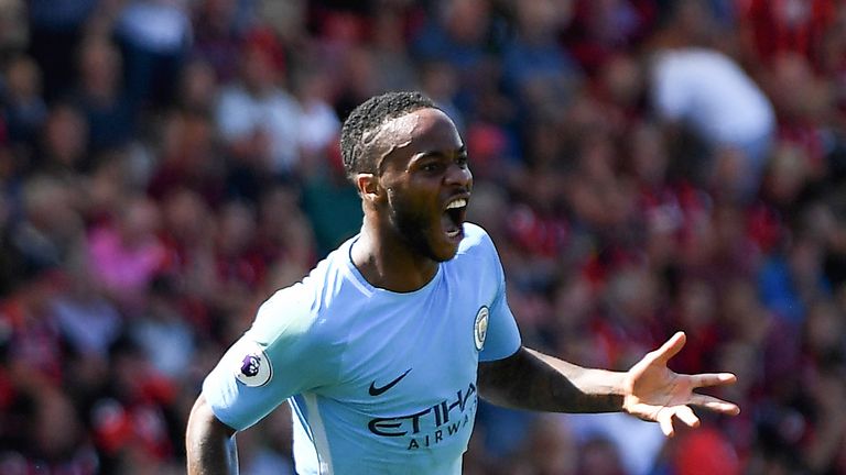 Raheem Sterling celebrates scoring his injury time winner at the Vitality Stadium