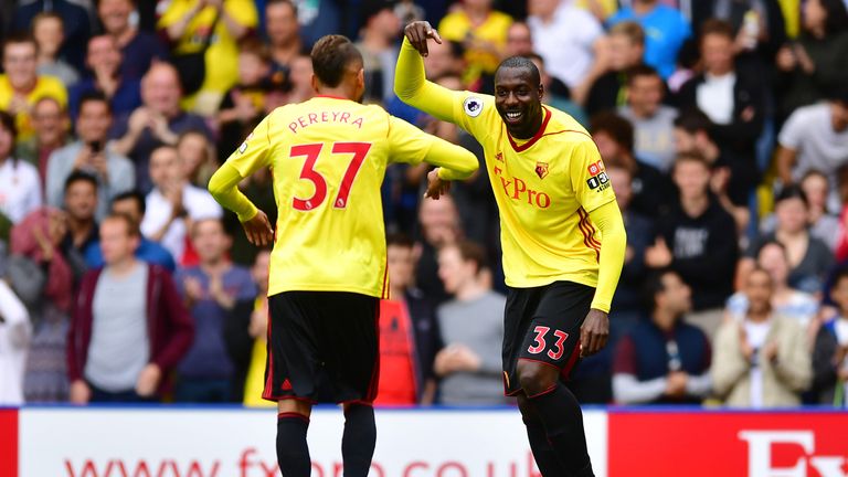 Stefano Okaka celebrates his goal with team-mate Roberto Pereyra