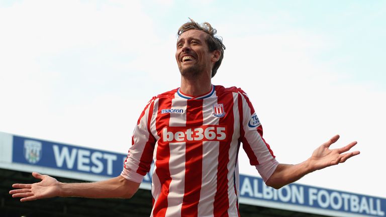 Peter Crouch of Stoke City celebrates scoring his sides first goal during the Premier League match between West Brom