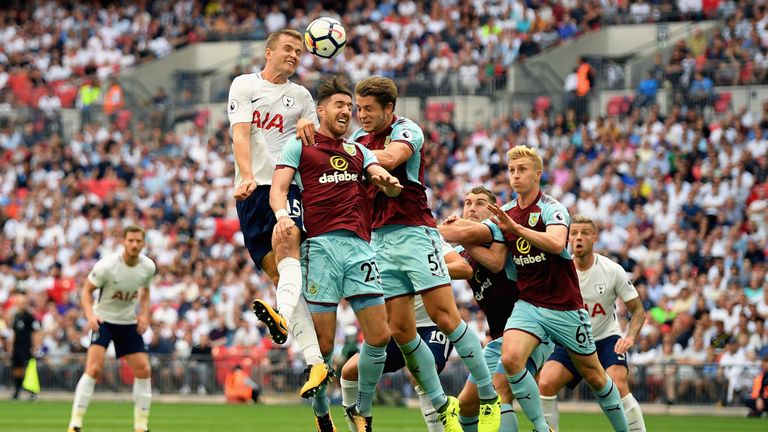 Eric Dier heads the ball during the Premier League match between Tottenham Hotspur and Burnley at Wembley
