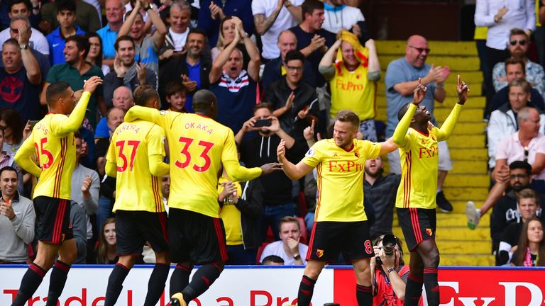 Abdoulaye Doucoure celebrates scoring Watford's second goal