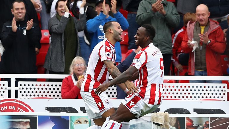 Jese of Stoke City celebrates scoring his side's first goal with Saido Berahino during the Premier League clash v Arsenal