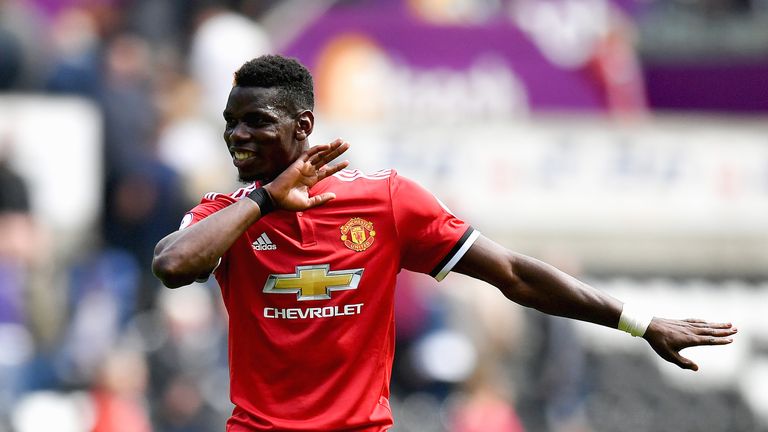Paul Pogba performs the dab after a 4-0 victory over Swansea City at the Liberty Stadium