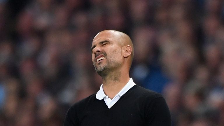 Pep Guardiola reacts during the Premier League match between Manchester City and Everton