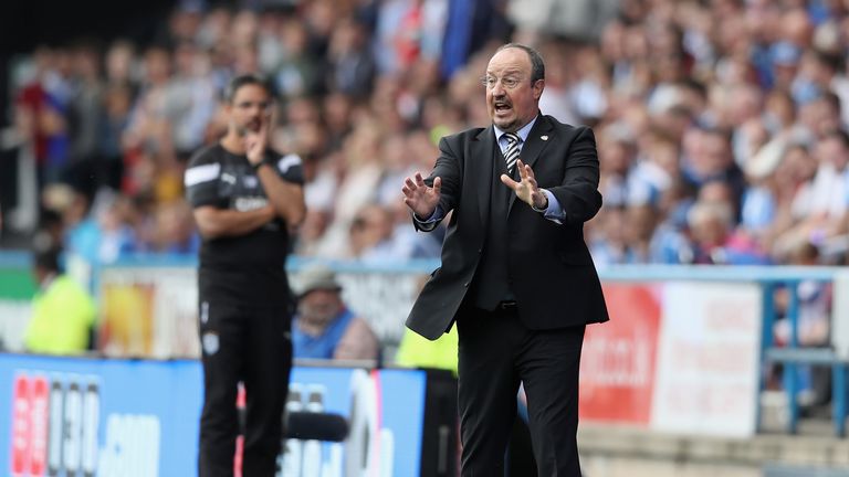 Newcastle manager Rafael Benitez gives his team instructions during the Premier League match against Huddersfield 