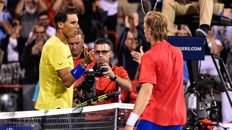 Rafael Nadal of Spain congratulates Denis Shapovalov of Canada for his victory in the Montreal Masters