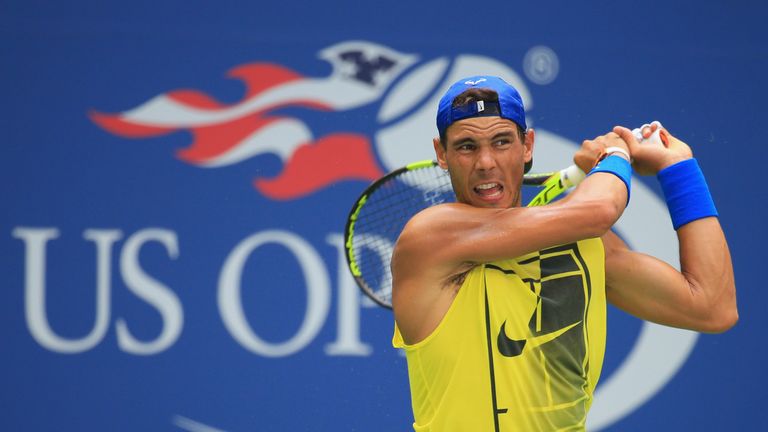 NEW YORK, NY - AUGUST 27:  Rafael Nadal of Spain returns a shot while practicing prior to the start of the 2017 US Open at the USTA Billie Jean King Nation