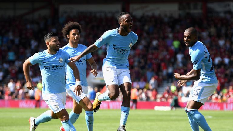 BOURNEMOUTH, ENGLAND - AUGUST 26:  Raheem Sterling of Manchester City celebrates scoring his sides second goal with his Manchester City team mates during t