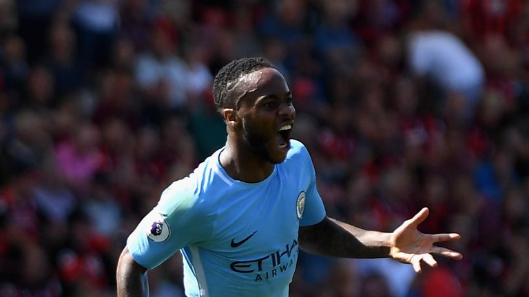 BOURNEMOUTH, ENGLAND - AUGUST 26: Raheem Sterling of Manchester City celebrates scoring his sides second goal during the Premier League match between AFC B