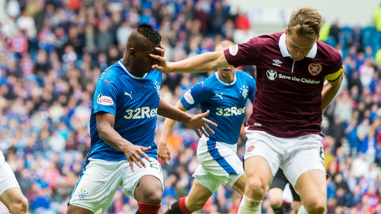 Hearts' Christophe Berra takes a hands-on approach during the stalemate at Rangers