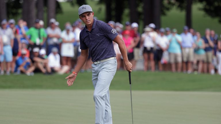 CHARLOTTE, NC - AUGUST 10: Rickie Fowler of the United States reacts to his putt on the sixth hole during the first round of the 2017 PGA Championship at Q