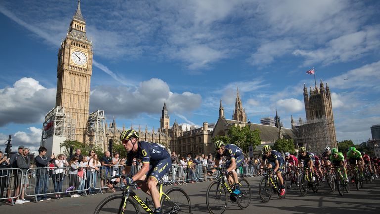 A view with Big Ben and The Houses of Parliament as the peloton passes during The London-Surrey Classic at Prudential RideLondon on Sunday 30th July 2017