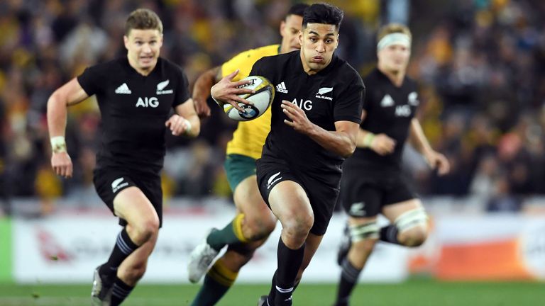 New Zealand's wing Rieko Ioane scores a try during the Rugby Championship test match between Australia and the New Zealand 19/08/2017