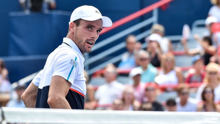 MONTREAL, QC - AUGUST 10:  Roberto Bautista Agut of Spain looks on after scoring a point against Gael Monfils during day seven of the Rogers Cup presented 