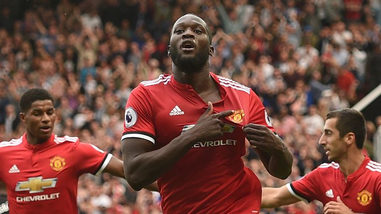 Romelu Lukaku celebrates the first of his two goals against West Ham