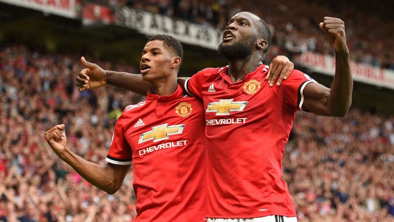 Romelu Lukaku celebrates after opening the scoring at Old Trafford