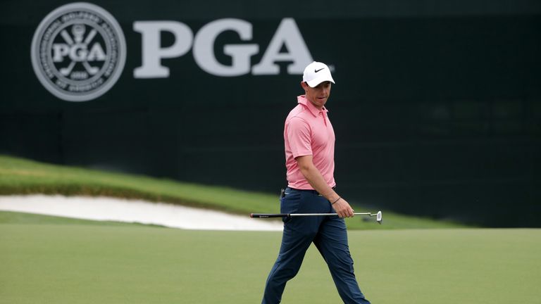 CHARLOTTE, NC - AUGUST 07:  Rory McIlroy of Northern Ireland walks across a green during a practice round prior to the 2017 PGA Championship at Quail Hollo