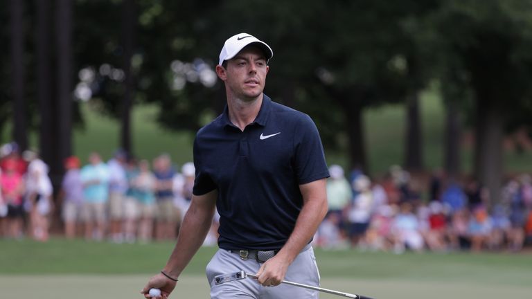 CHARLOTTE, NC - AUGUST 10: Rory McIlroy of Northern Ireland reacts to his putt on the sixth hole during the first round of the 2017 PGA Championship at Qua