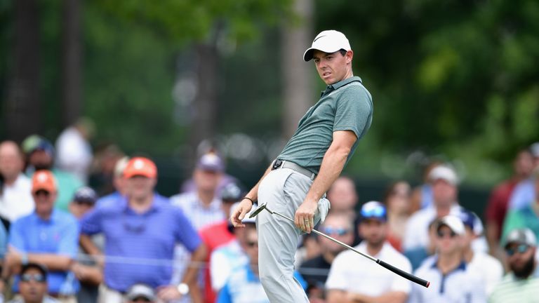 Rory McIlroy of Northern Ireland reacts to a putt on the fourth green during the third round of the 2017 PGA Championship