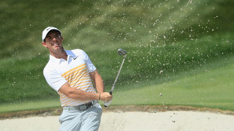 WESTBURY, NY - AUGUST 27:  Rory McIlroy of Northern Ireland plays a shot from a bunker on the second hole during the final round of The Northern Trust at G