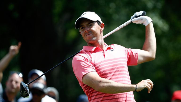 AKRON, OH - AUGUST 05:  Rory McIlroy of Northern Ireland hits off the eighth tee during the third round of the World Golf Championships - Bridgestone Invit
