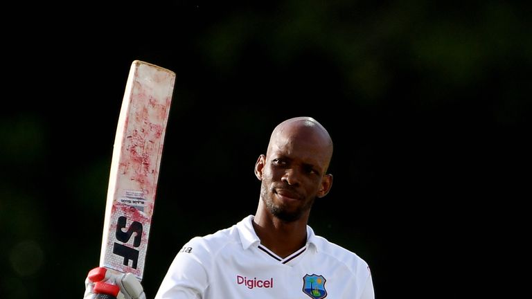 West Indies batsmen Roston Chase celebrates after scoring his 100 against Pakistan on the fifth days play of the final test match at the Windsor Park Stadi