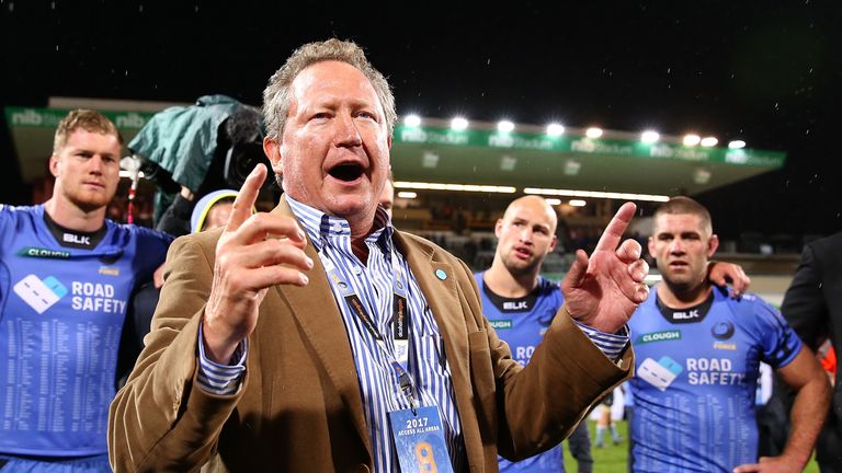 Billionaire mining magnate Andrew Forrest addresses the Force players and coaches after their final game of the 2017 season