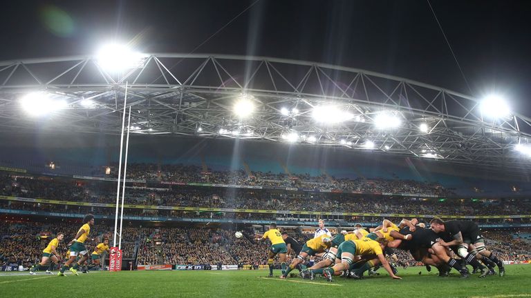 Empty seats at ANZ Stadium in Sydney for Australia's Rugby Championship opener against New Zealand