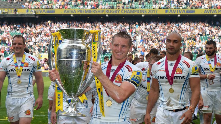 Gareth Steenson celebrates with the Aviva Premiership trophy after Exeter's extra-time win over Wasps