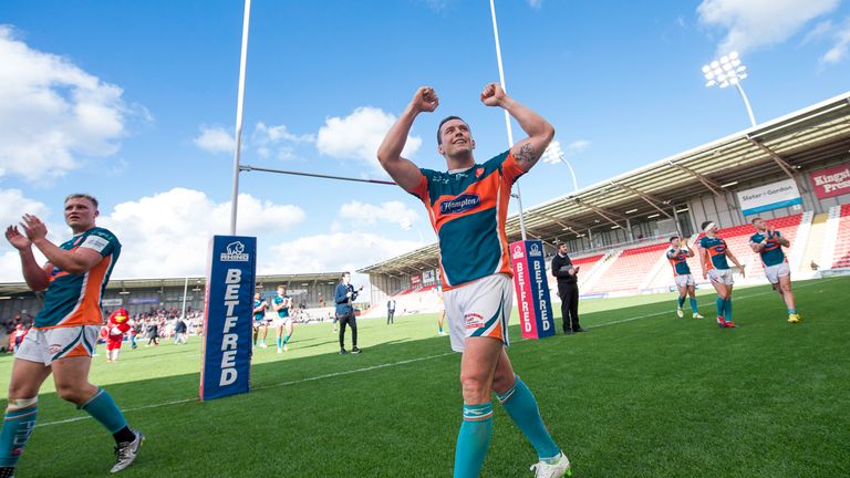 Hull KR captain Shaun Lunt celebrates their win over Leigh in the Qualifiers