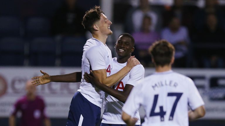LUTON, ENGLAND - AUGUST 15:  Ryan Loft of Tottenham celebrates after scoring their second goal during the Checkatrade Trophy - Southern Section Group F mat