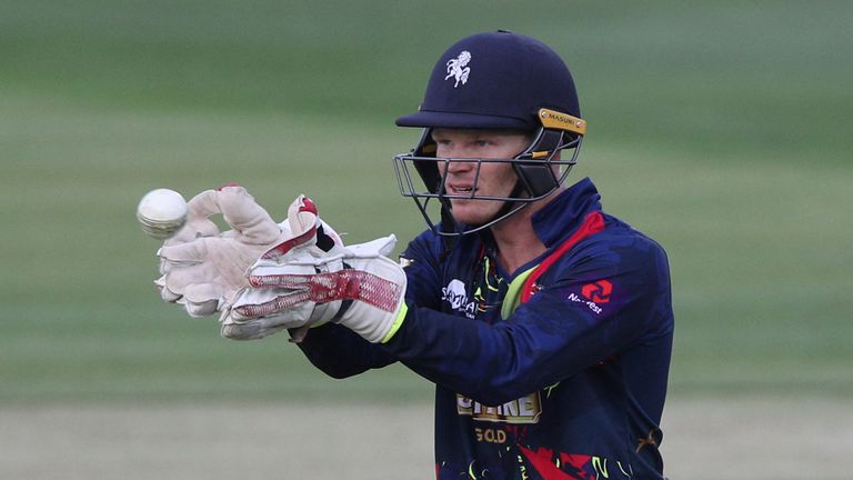 CANTERBURY, ENGLAND - JULY 18: Kent Spitfires wicket keeper Sam Billings gathers the ball during the NatWest T20 Blast South Group match at The Spitfire Gr