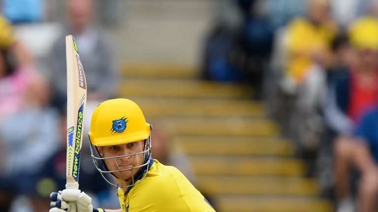 BIRMINGHAM, ENGLAND - JULY 30:  Bears batsman Sam Hain hits out during the  Natwest T20 Blast match between Birmingham Bears and Lancashire Lightning at Ed