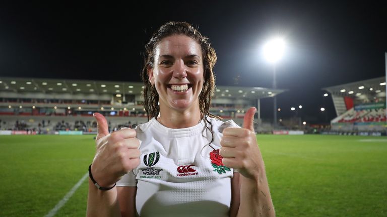 BELFAST, NORTHERN IRELAND - AUGUST 22:  Sarah Hunter the captain of England celebrates following her team's 20-3 victory during the Women's Rugby World Cup
