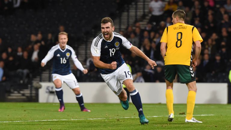 Scotland's James McArthur celebrates his late equaliser against Lithuania in October. 