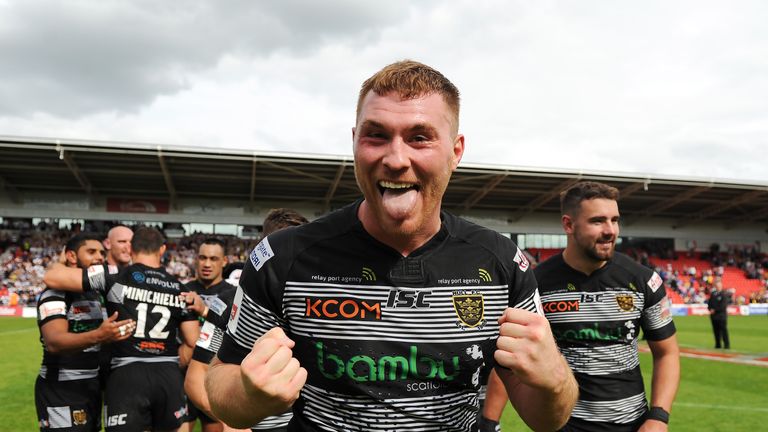 Scott Taylor celebrates Hull FC's win over Leeds in the Challenge Cup semi-final