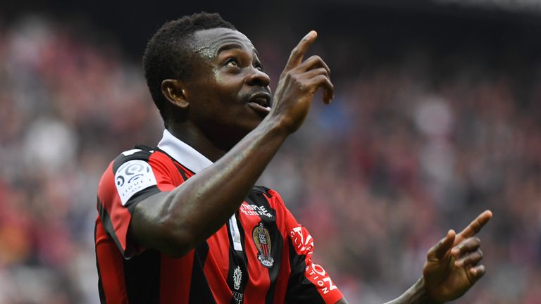 Nice's Ivorian midfielder Jean Michael Seri  celebrates after scoring a goal during the French L1 football match OGC Nice vs AS Nancy-Lorraine at the Allia