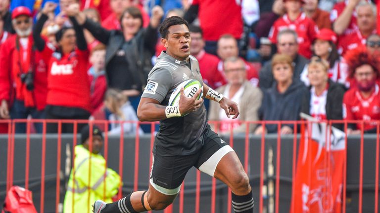Crusaders' Seta Tamanivalu runs to score a try against the Lions