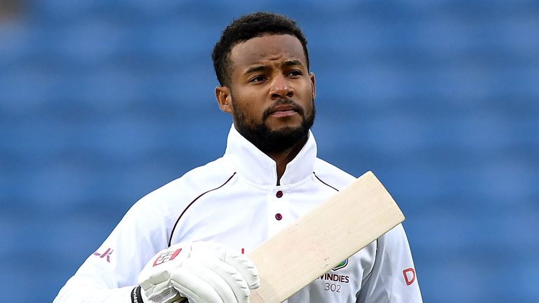 Shai Hope celebrates scoring back-to-back centuries in the second Test